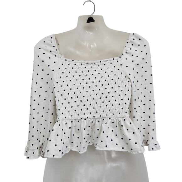 America Eagle Polka Dot Ruffle Hem Peplum Crop Blouse Black White Size Medium - Picture 3 of 10